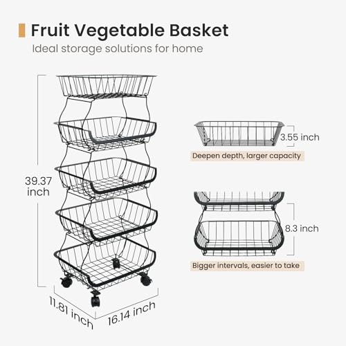 Stackable Metal Wheel Fruit & Veg Basket, 5-Tier Kitchen Storage Cart
