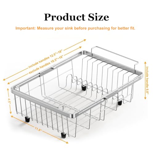 Stainless Steel Over the Sink Dish Drying Rack, Expandable 10.5''-16'' Capacity, with Utensil Holder