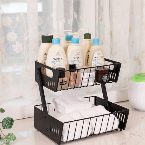 Wetheny 2 Tier Metal Handle Fruit Basket, Kitchen Counter Organizer Stand