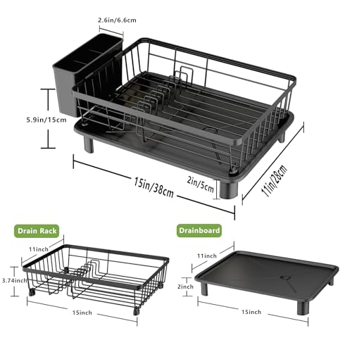 Stainless Steel Dish Drainer Rack with Drip Tray & Holders, Black