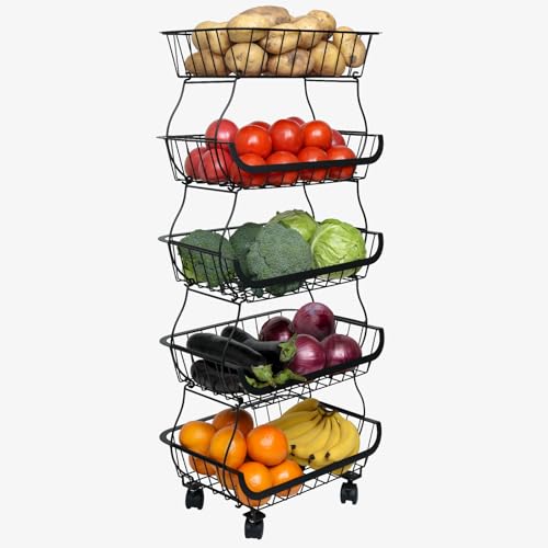 Stackable Metal Wheel Fruit & Veg Basket, 5-Tier Kitchen Storage Cart