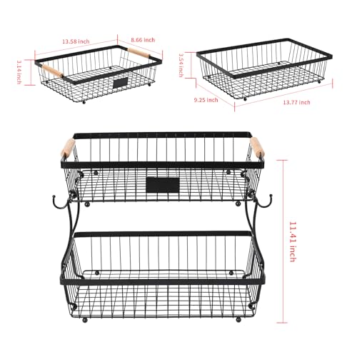 2-Tier Metal Wire Fruit & Veg Organizer with Banana Hangers, Black
