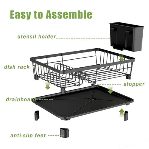 Stainless Steel Dish Drainer Rack with Drip Tray & Holders, Black