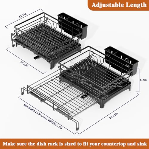 Extendable Black Anti-Rust Drying Rack with Cutlery Holder for Kitchen Sink