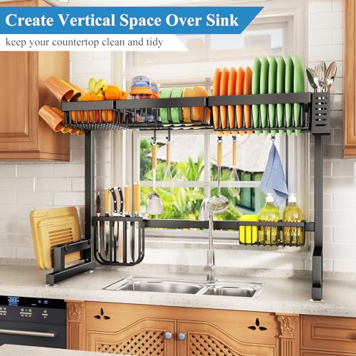 Large 2-Tier Black Over-the-Sink Dish Drying Rack with Baskets & Sponge Holder