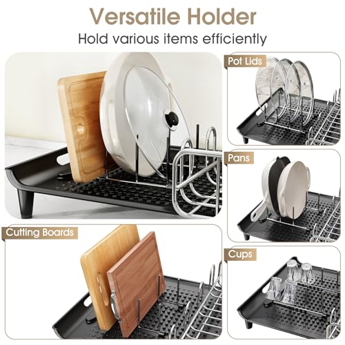 Extendable Kitchen Dish Drying Rack with Drainboard (Black)