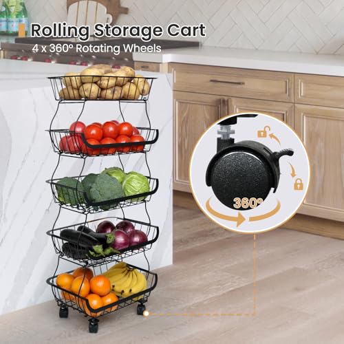 Stackable Metal Wheel Fruit & Veg Basket, 5-Tier Kitchen Storage Cart