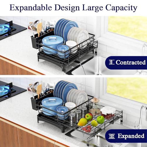 Extendable Black Anti-Rust Drying Rack with Cutlery Holder for Kitchen Sink