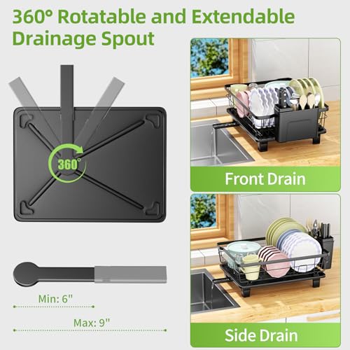 Space-Saving Black Dish Racking Rack, Kitchen Counter Organizer with Cutlery Holder