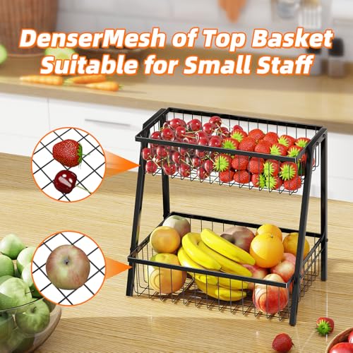 Trending 2 Tier Metal Wire Fruit & Veg Basket, Black, with 4 Banana Hooks for Countertop Organizing