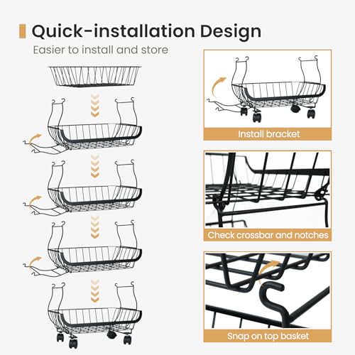 Stackable Metal Wheel Fruit & Veg Basket, 5-Tier Kitchen Storage Cart