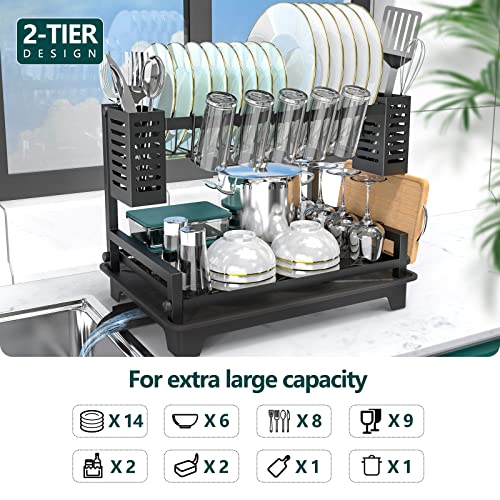 B-Land 2-Tier Kitchen Dish Drying Rack with Drainboard and Utensil Holders - Stainless Steel