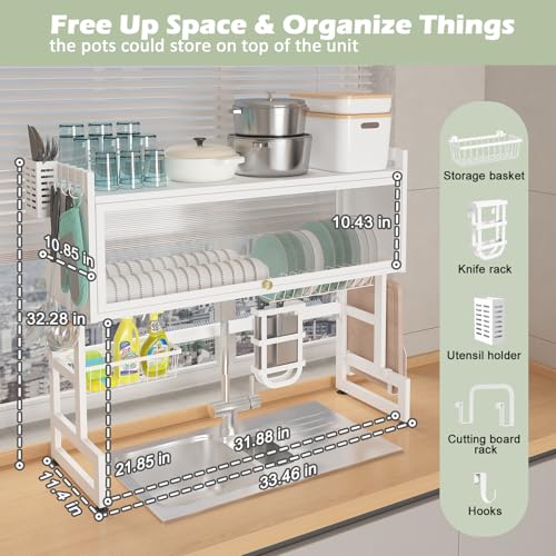 Bukfen White Over-the-Sink 2-Tier Dish Drying Rack with Cover