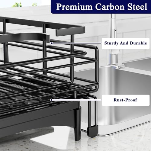 Extendable Black Anti-Rust Drying Rack with Cutlery Holder for Kitchen Sink
