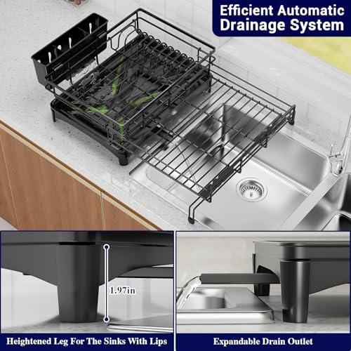 Extendable Black Anti-Rust Drying Rack with Cutlery Holder for Kitchen Sink