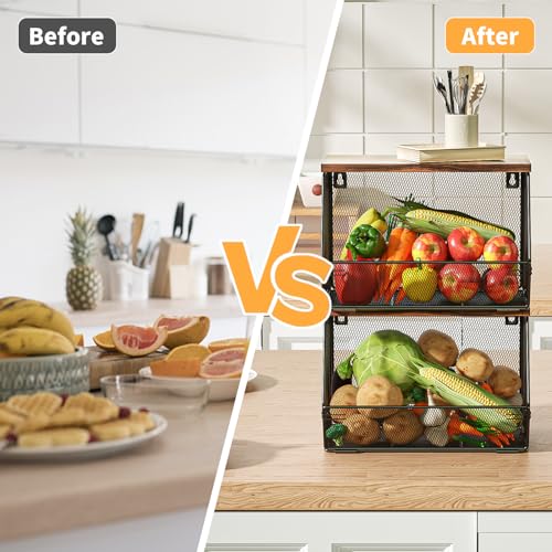2 Pack Wood-Lid Stackable Fruit Baskets for Kitchen Storage