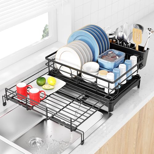 Extendable Black Anti-Rust Drying Rack with Cutlery Holder for Kitchen Sink