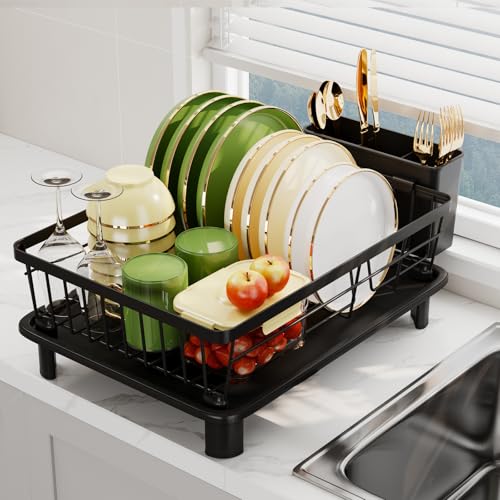 Stainless Steel Dish Drainer Rack with Drip Tray & Holders, Black