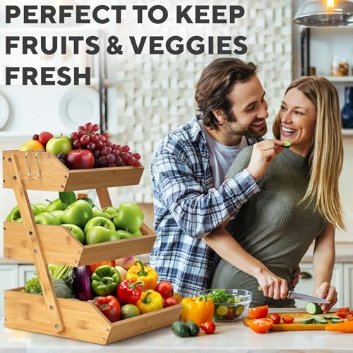 3-Tier Bamboo Fruit Basket with Hangers - Durable Kitchen Stand for Countertops