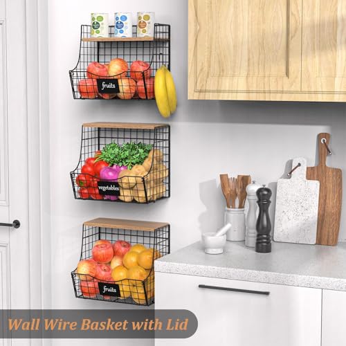 3-Pack Wood Lid Fruit Basket - Kitchen Storage Organizer with Nameplate & Stackable Wire Baskets