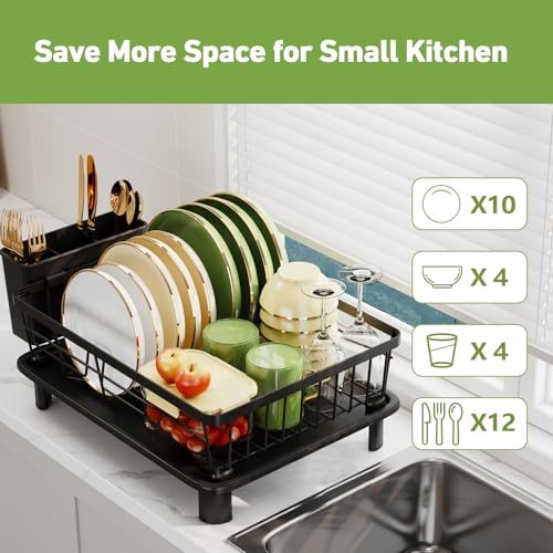 Stainless Steel Dish Drainer Rack with Drip Tray & Holders, Black
