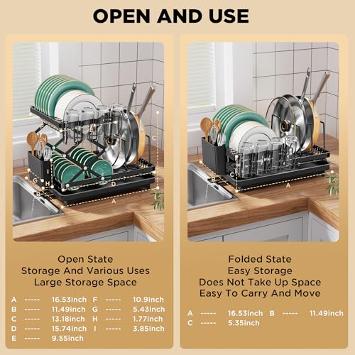 2-Tier Space-Saving Expandable Kitchen Dish Drying Rack with Drainage Board