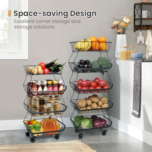 Stackable Metal Wheel Fruit & Veg Basket, 5-Tier Kitchen Storage Cart